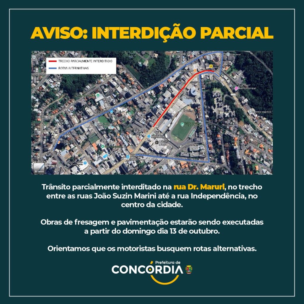 Interdição parcial na rua Dr. Maruri, em Concórdia, a partir de domingo, dia 13