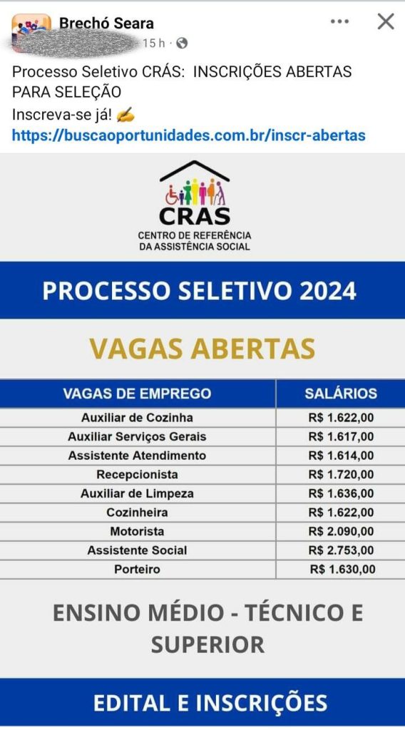 É falso que o CRAS está com processo seletivo de vagas de emprego