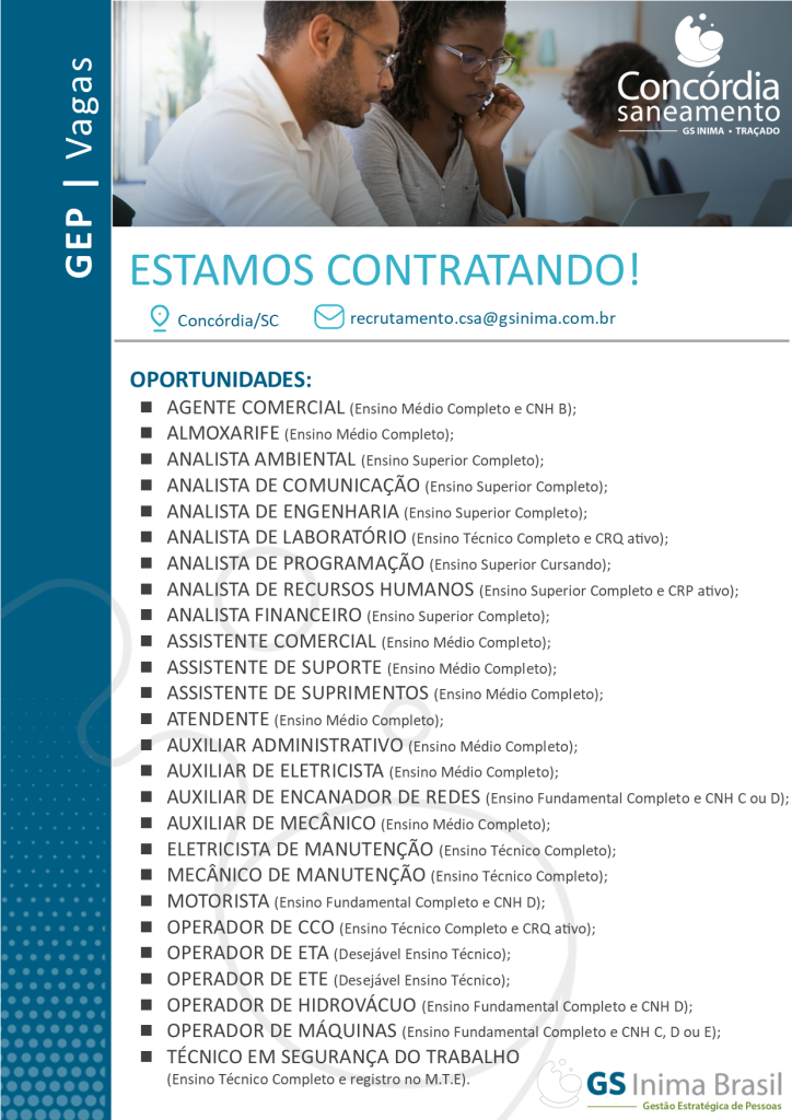 Concórdia Saneamento está com vagas de emprego abertas