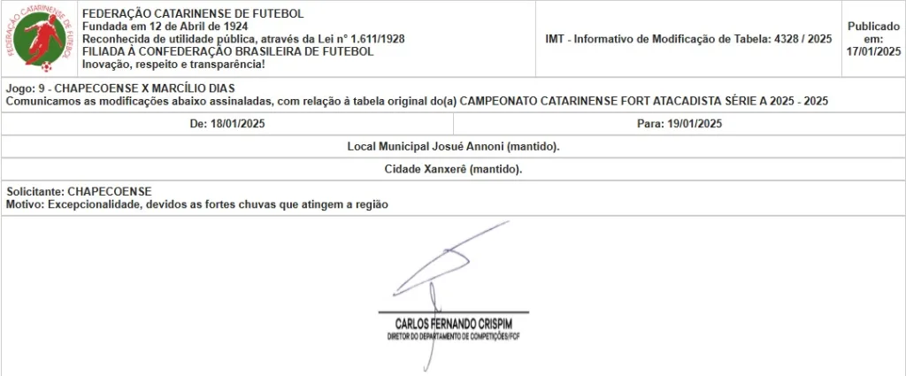 Jogo entre Chapecoense e Marcílio Dias será no domingo, 19