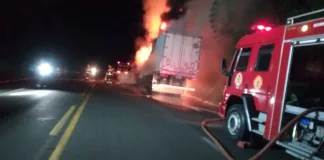 Carreta é destruída por incêndio na BR-153