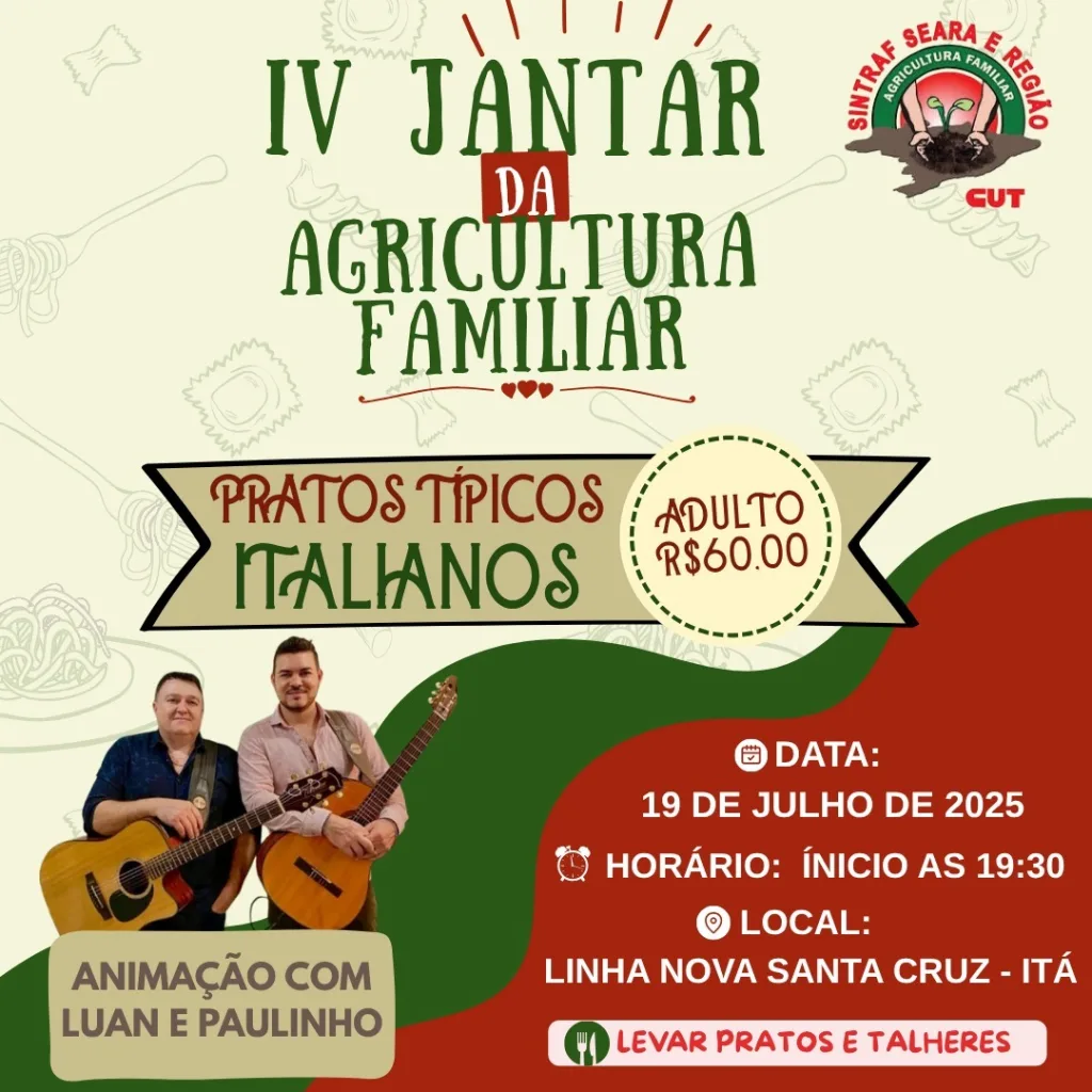 Jantar da Agricultura Familiar será no sábado, 19