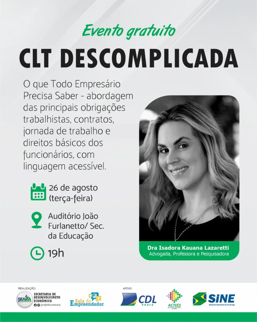 Palestra “CLT Descomplicada O que Todo Empresário Precisa Saber” ocorre nesta terça-feira