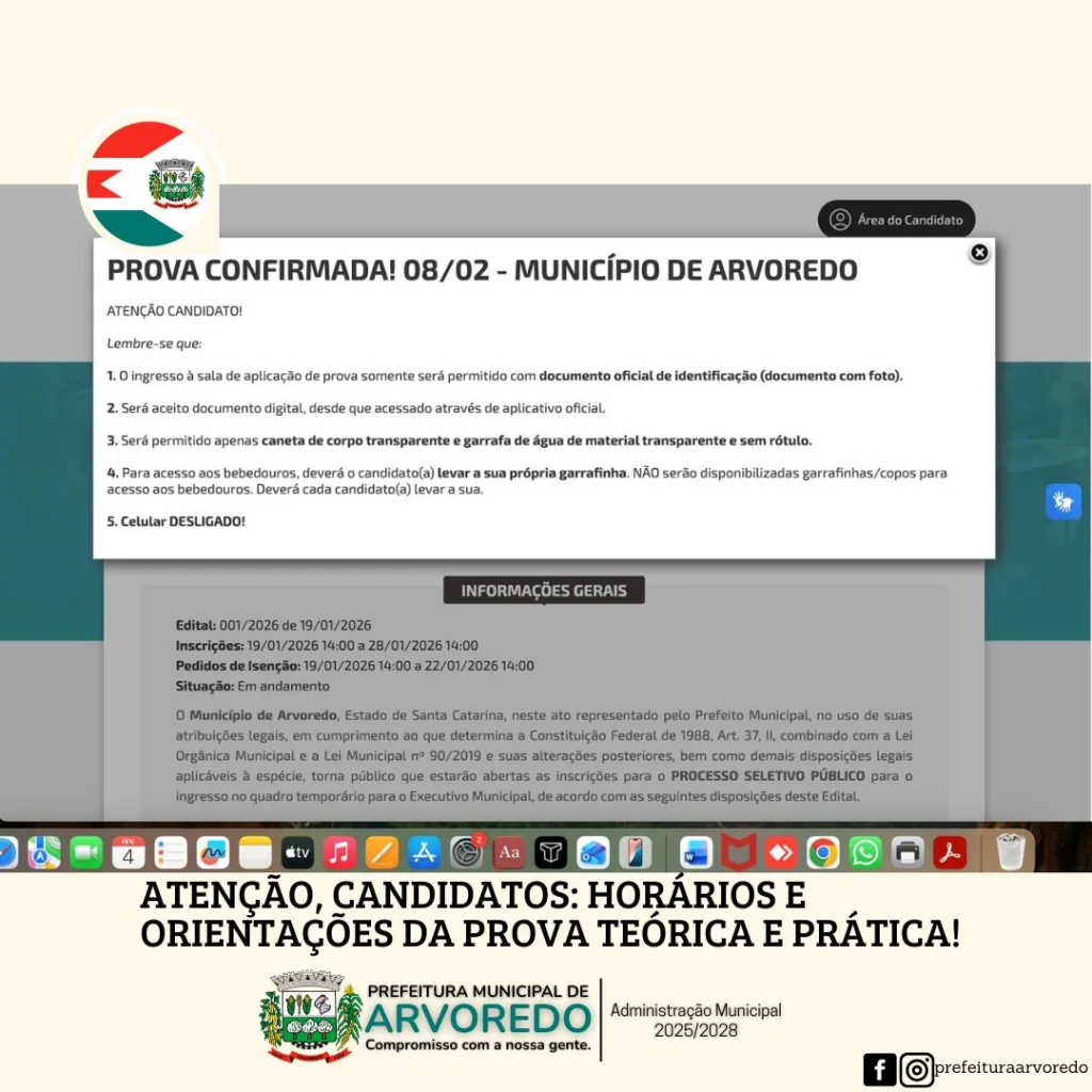 Prova teórica e prática do Processo Seletivo de Arvoredo será no próximo dia 8