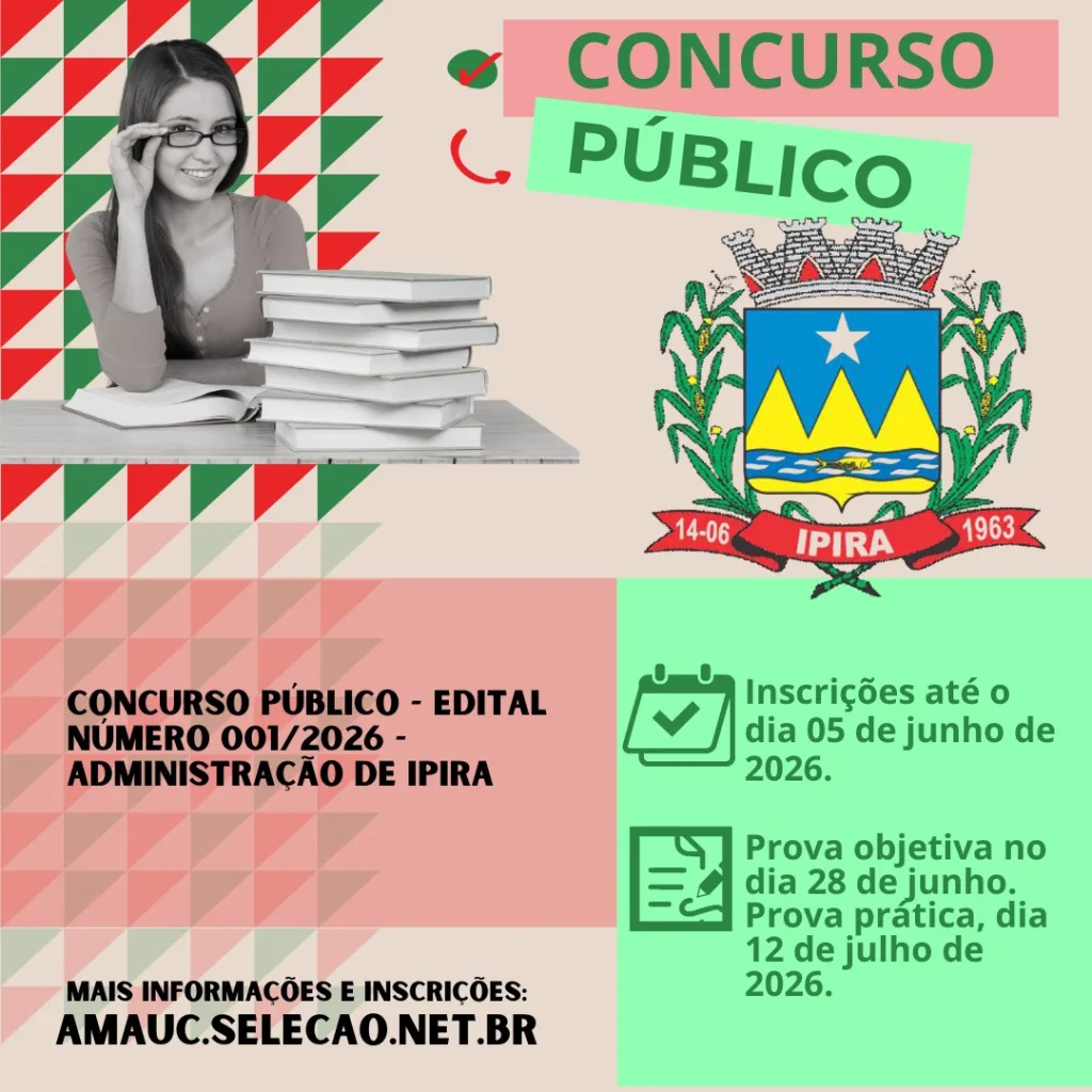 Ipira abre inscrições para concurso público com 10 vagas e cadastro reserva
