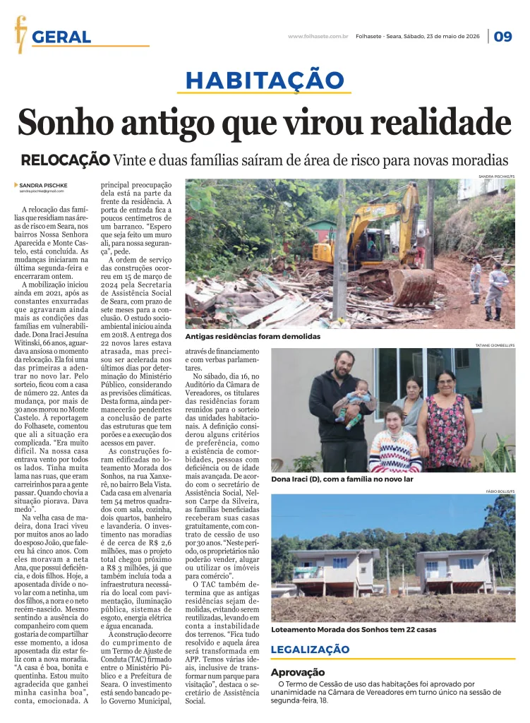 Matéria do Jornal Folhasete sobre a relocação dos moradores do loteamento Morada dos Sonhos, veiculada em 23 de maio de 2026