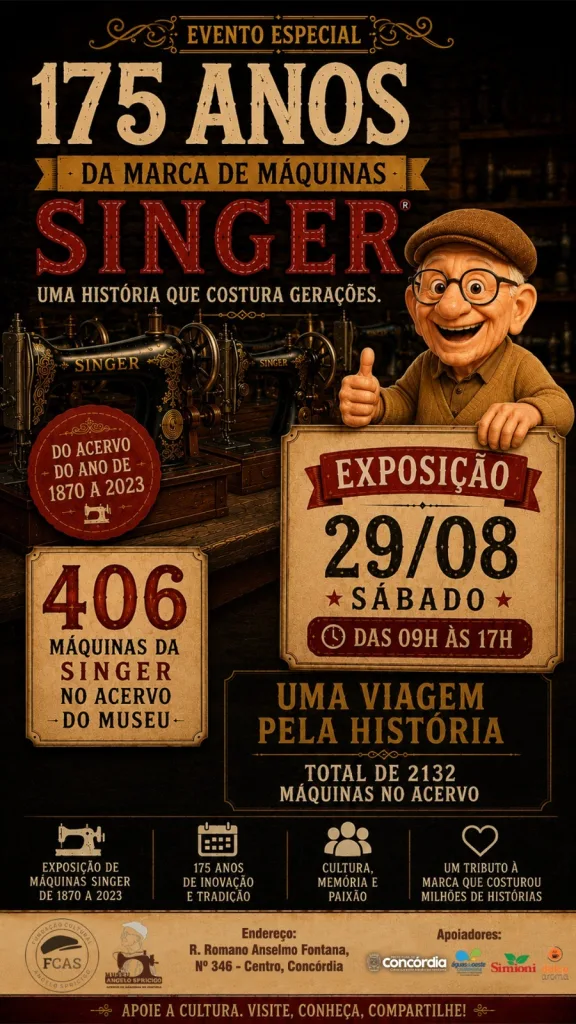Exposição de máquinas de costura Singer é neste sábado em Concórdia