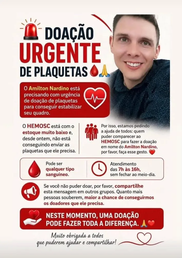 Campanha de doação de plaquetas é realizada para ajudar Amilton Nardino