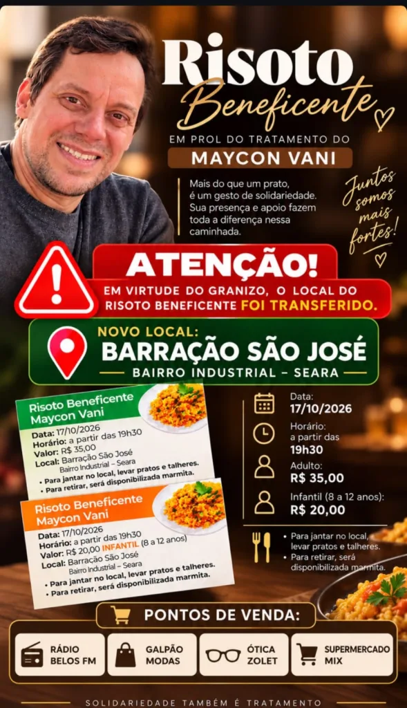 Risoto beneficente em prol de Maycon Vani será no bairro Industrial