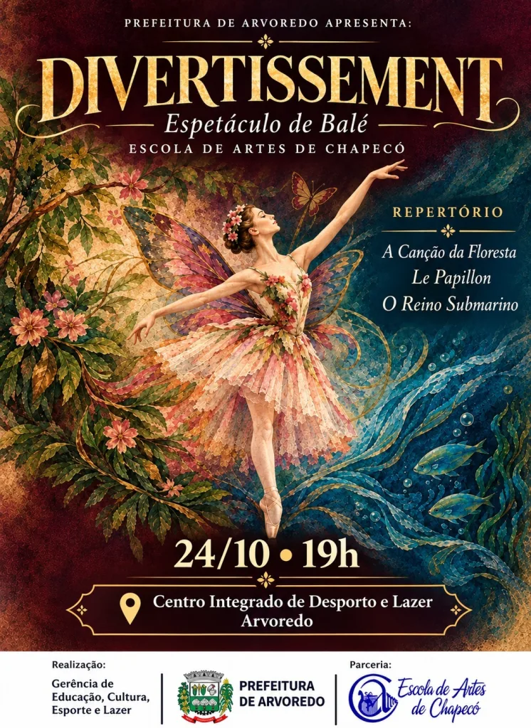 Espetáculo de balé Divertissement estará em Arvoredo no próximo dia 24